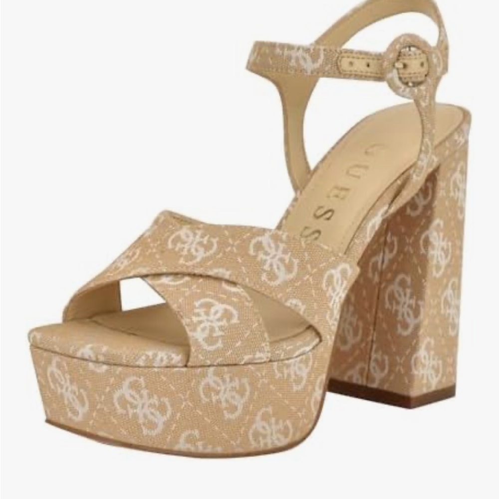 Guess Beige Monogram Platform Heels size 8.5